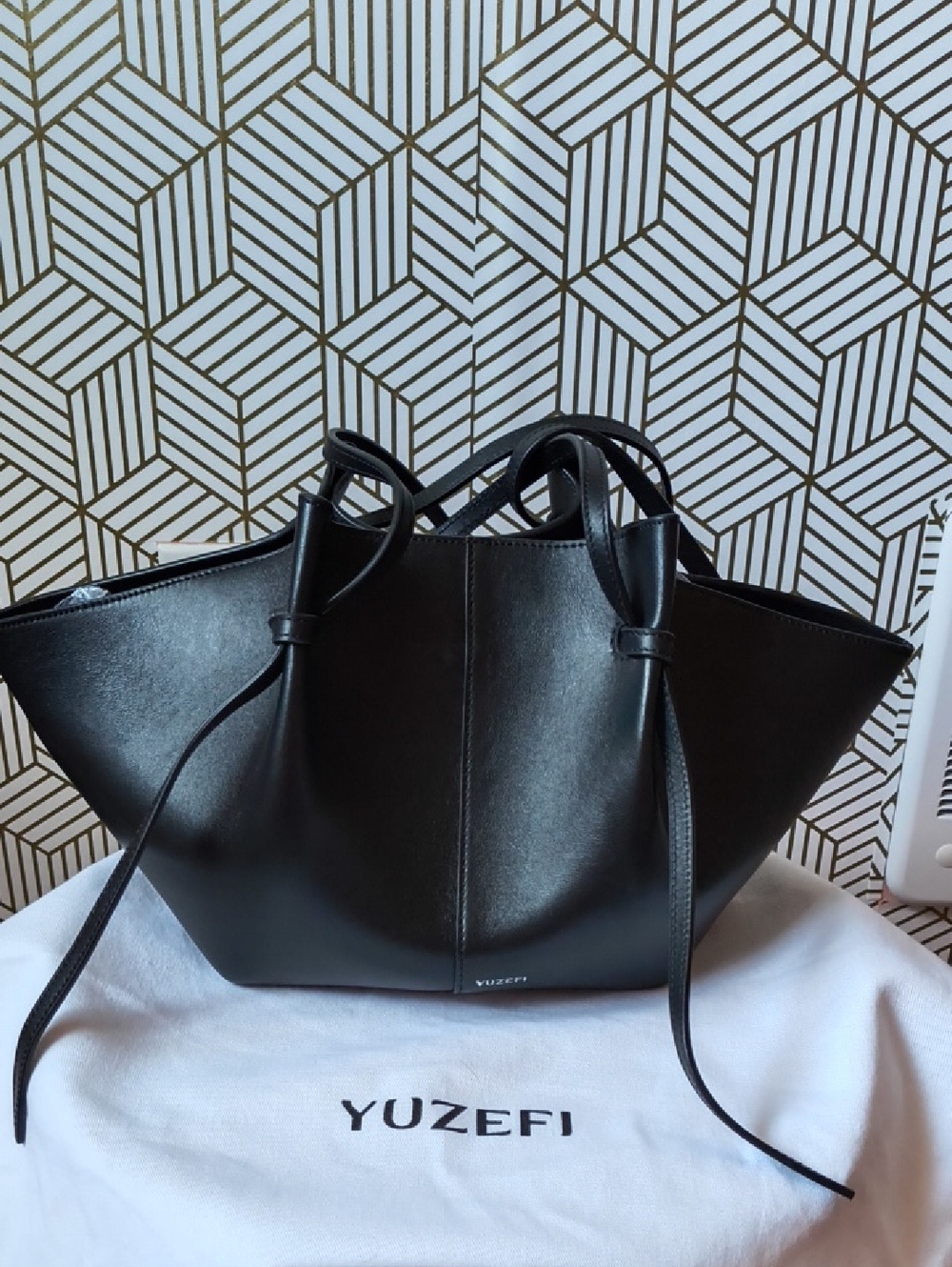 Yuzefi Black Leather Mochi Tote with Drawstring Knot Detail